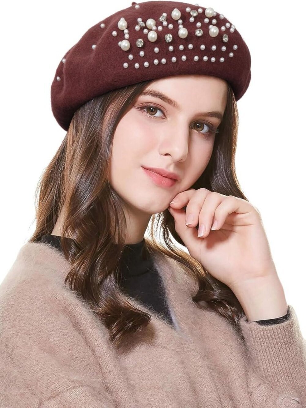 Women's Classic French Wool Beret Pearl & Rhinestone Embellishment Hat Coffee